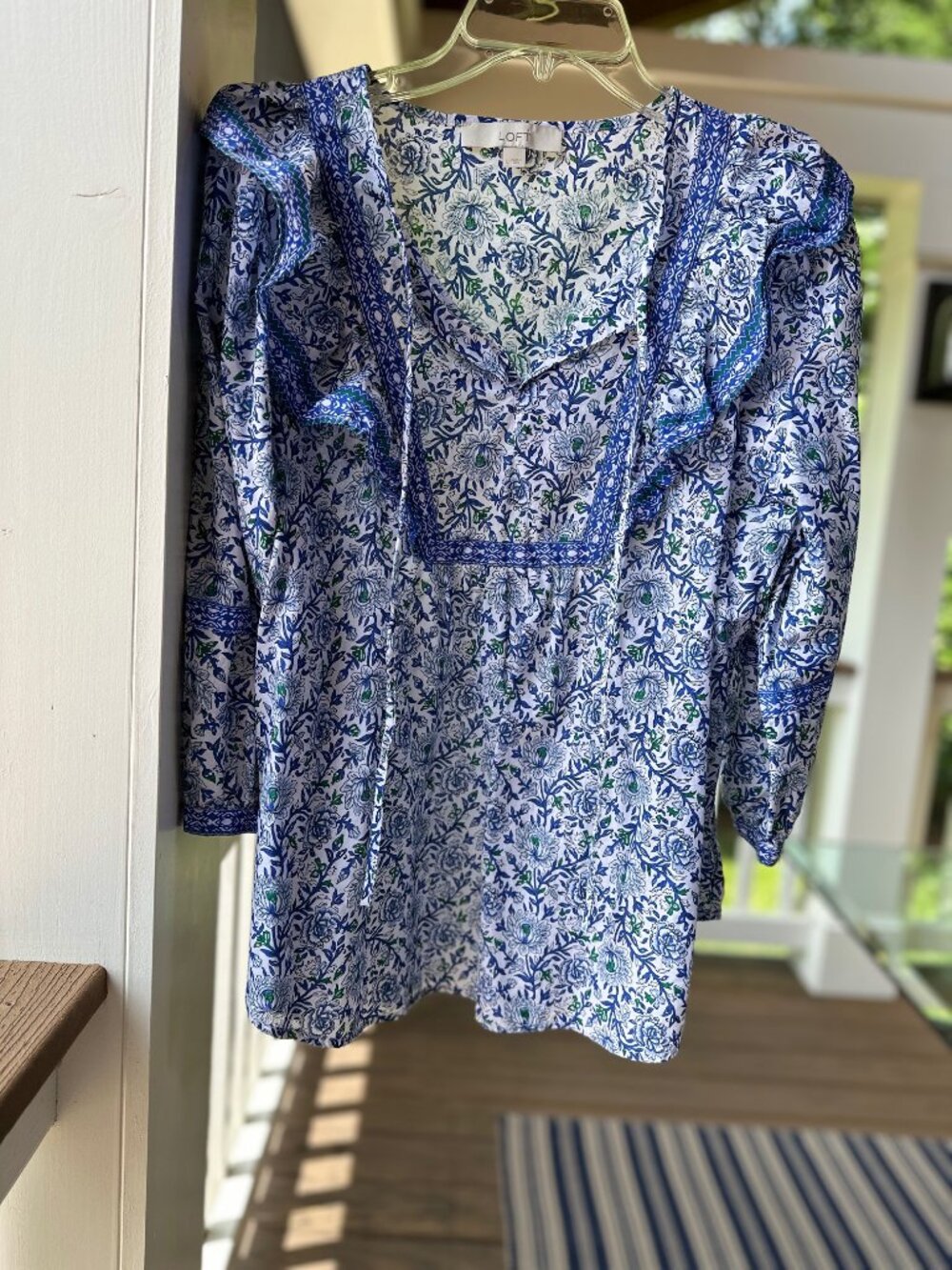 LOFT Cotton Boho Babydoll Ruffle Top Puff Sleeves Floral Tie-Front Blue Size L